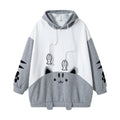White and gray oversized hoodie designed as a cat, featuring 3D ears, paw prints, and fish charms on the drawstrings.