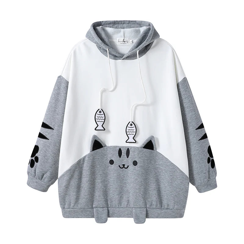 White and gray oversized hoodie designed as a cat, featuring 3D ears, paw prints, and fish charms on the drawstrings.