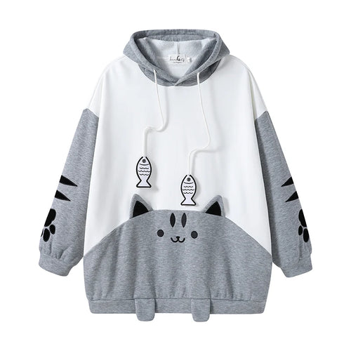 White and gray oversized hoodie designed as a cat, featuring 3D ears, paw prints, and fish charms on the drawstrings.