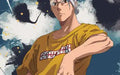 Anime illustration of a man wearing a mustard yellow t-shirt with a chest graphic and glasses, against an abstract blue and.