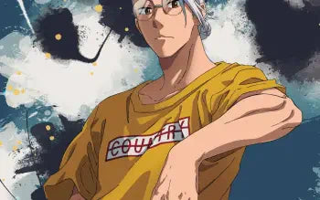 Anime illustration of a man wearing a mustard yellow t-shirt with a chest graphic and glasses, against an abstract blue and.