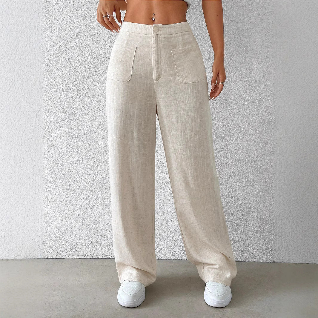 Women's cotton and linen solid-color versatile women's casual trousers with elastic straps and mid-waist casual women's trousers