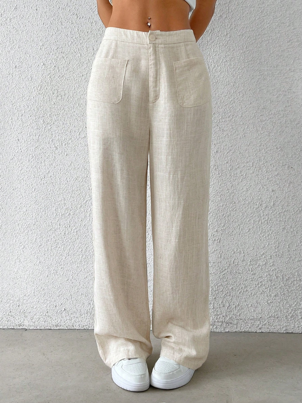 Women's cotton and linen solid-color versatile women's casual trousers with elastic straps and mid-waist casual women's trousers