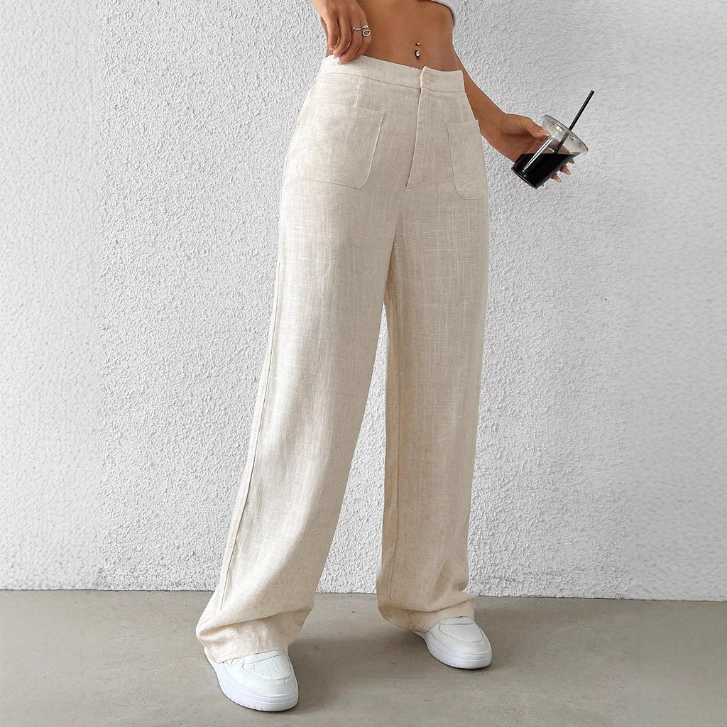 Women's cotton and linen solid-color versatile women's casual trousers with elastic straps and mid-waist casual women's trousers