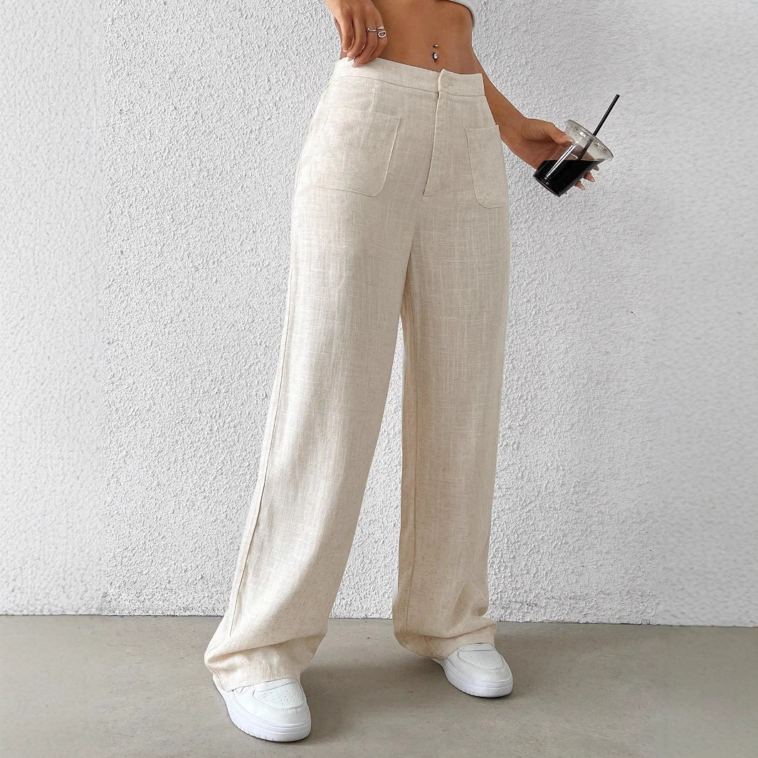 Women's cotton and linen solid-color versatile women's casual trousers with elastic straps and mid-waist casual women's trousers