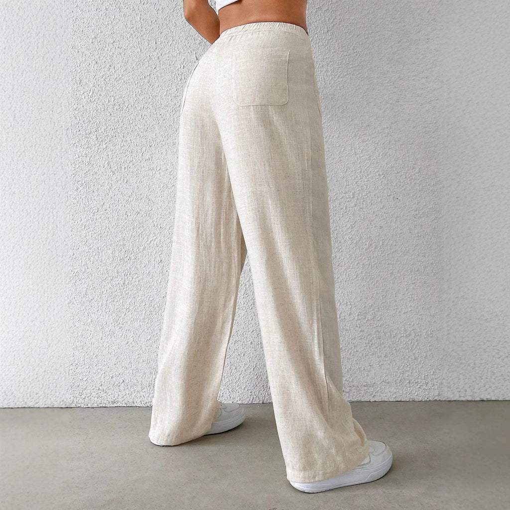 Women's cotton and linen solid-color versatile women's casual trousers with elastic straps and mid-waist casual women's trousers