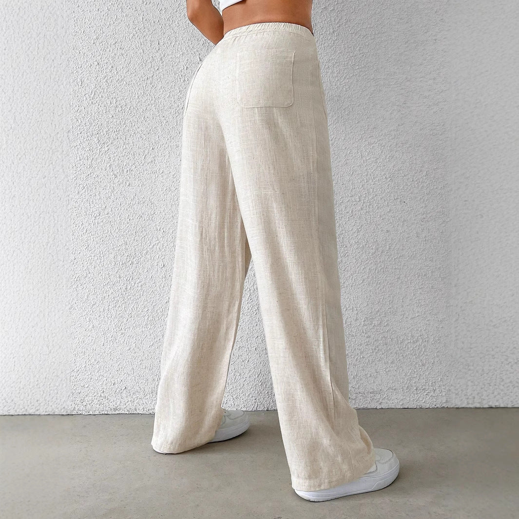 Women's cotton and linen solid-color versatile women's casual trousers with elastic straps and mid-waist casual women's trousers