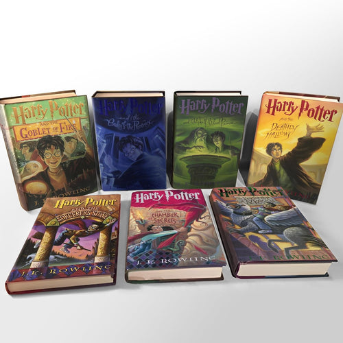 Seven hardcover Harry Potter books displayed, featuring colorful illustrated covers for the complete series.