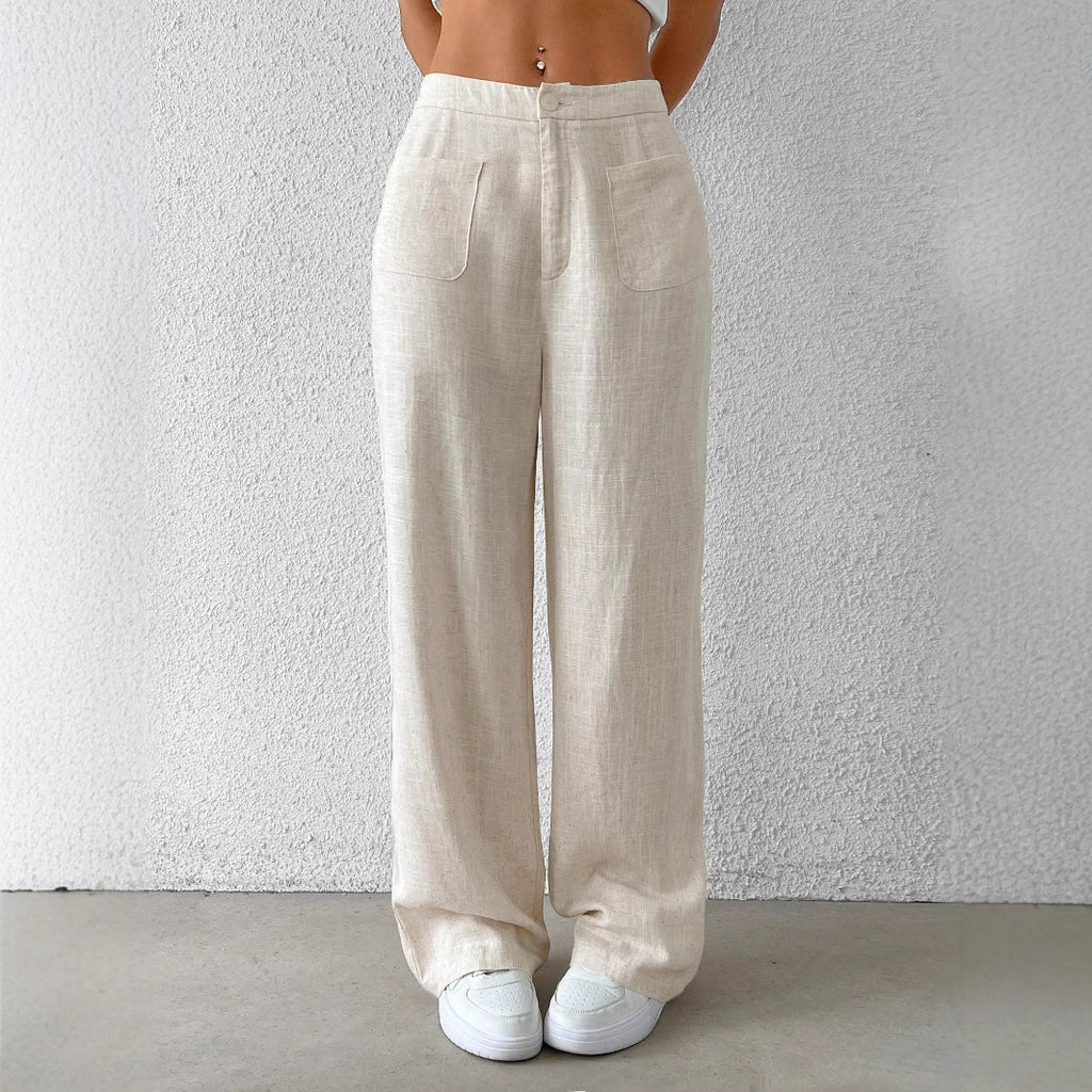 Women's cotton and linen solid-color versatile women's casual trousers with elastic straps and mid-waist casual women's trousers