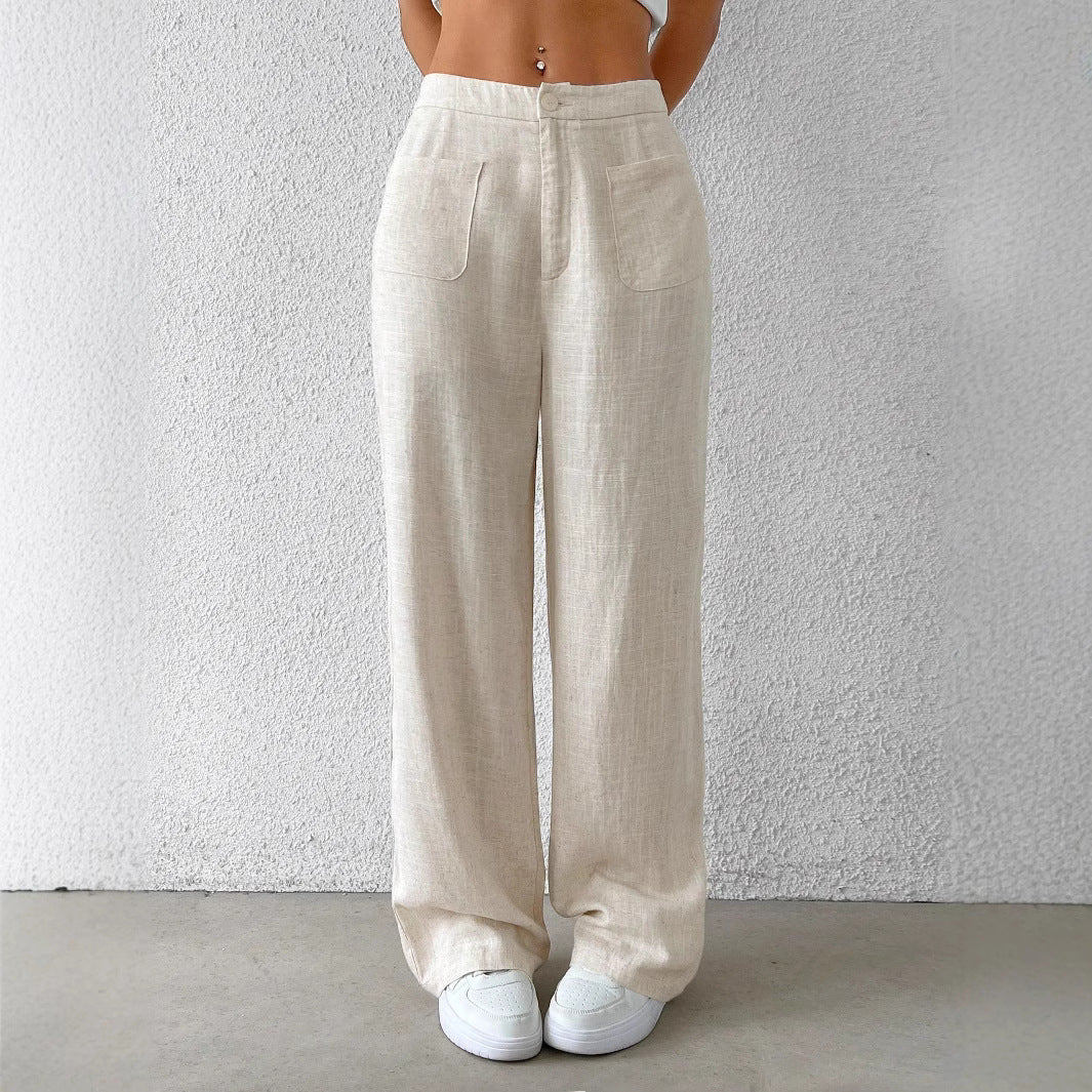 Women's cotton and linen solid-color versatile women's casual trousers with elastic straps and mid-waist casual women's trousers
