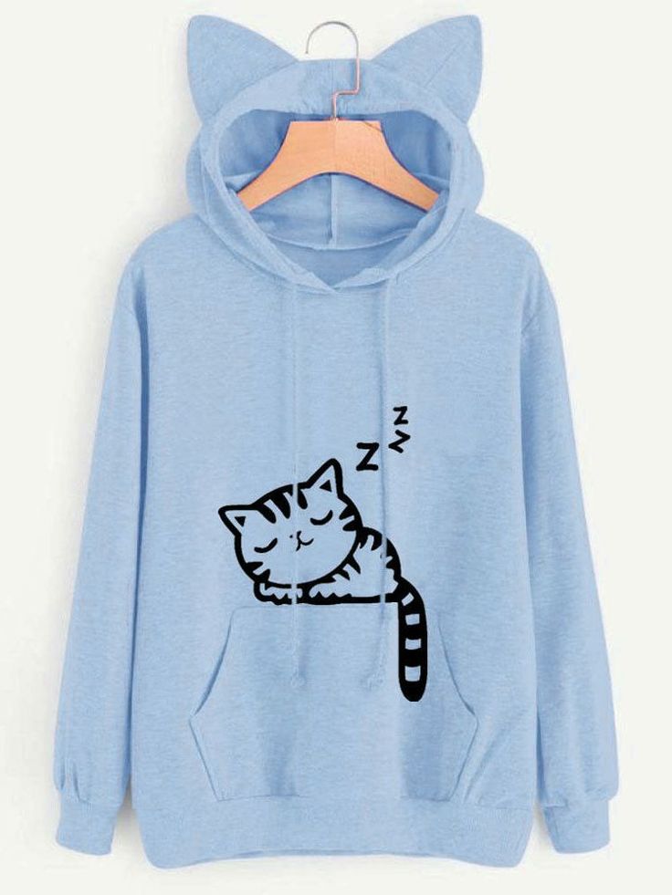 A light blue hoodie featuring cat ears on the hood and a black graphic of a sleeping striped cat on the front pocket.