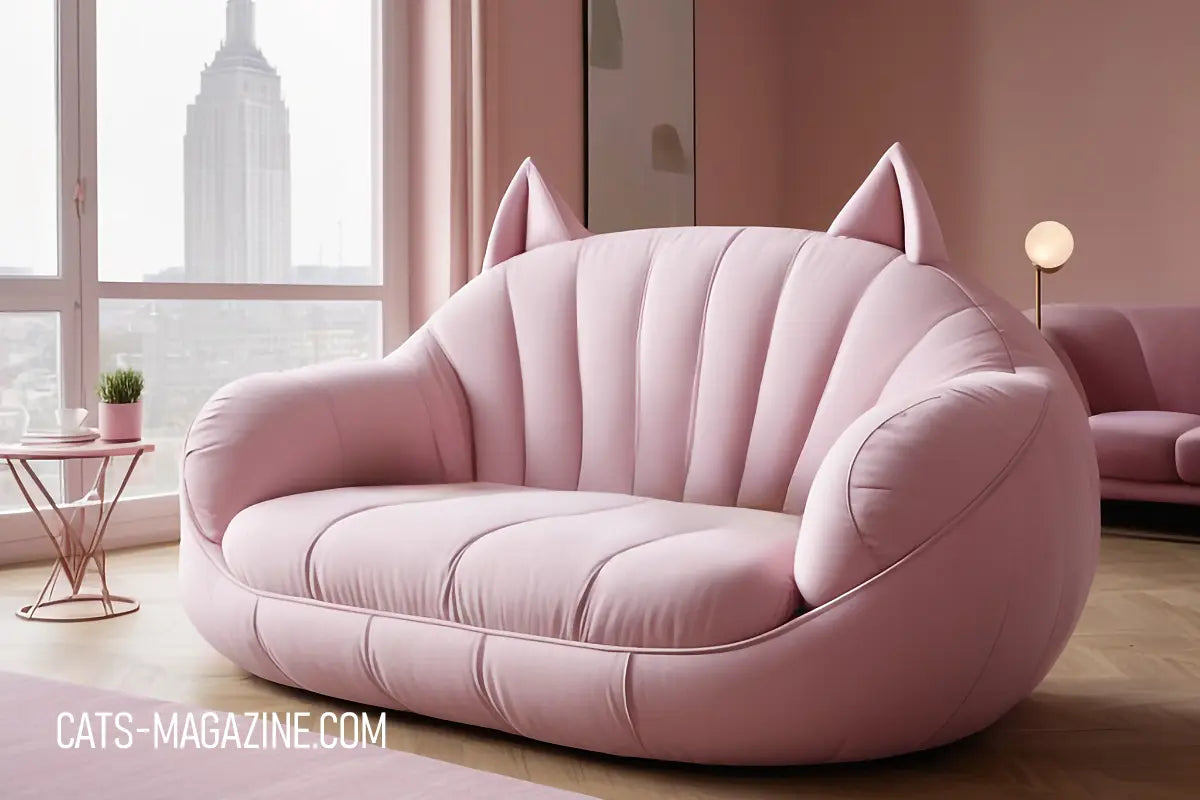 Pink velvet cat-ear sofa with a fluted backrest, set in a bright room overlooking a city skyline.