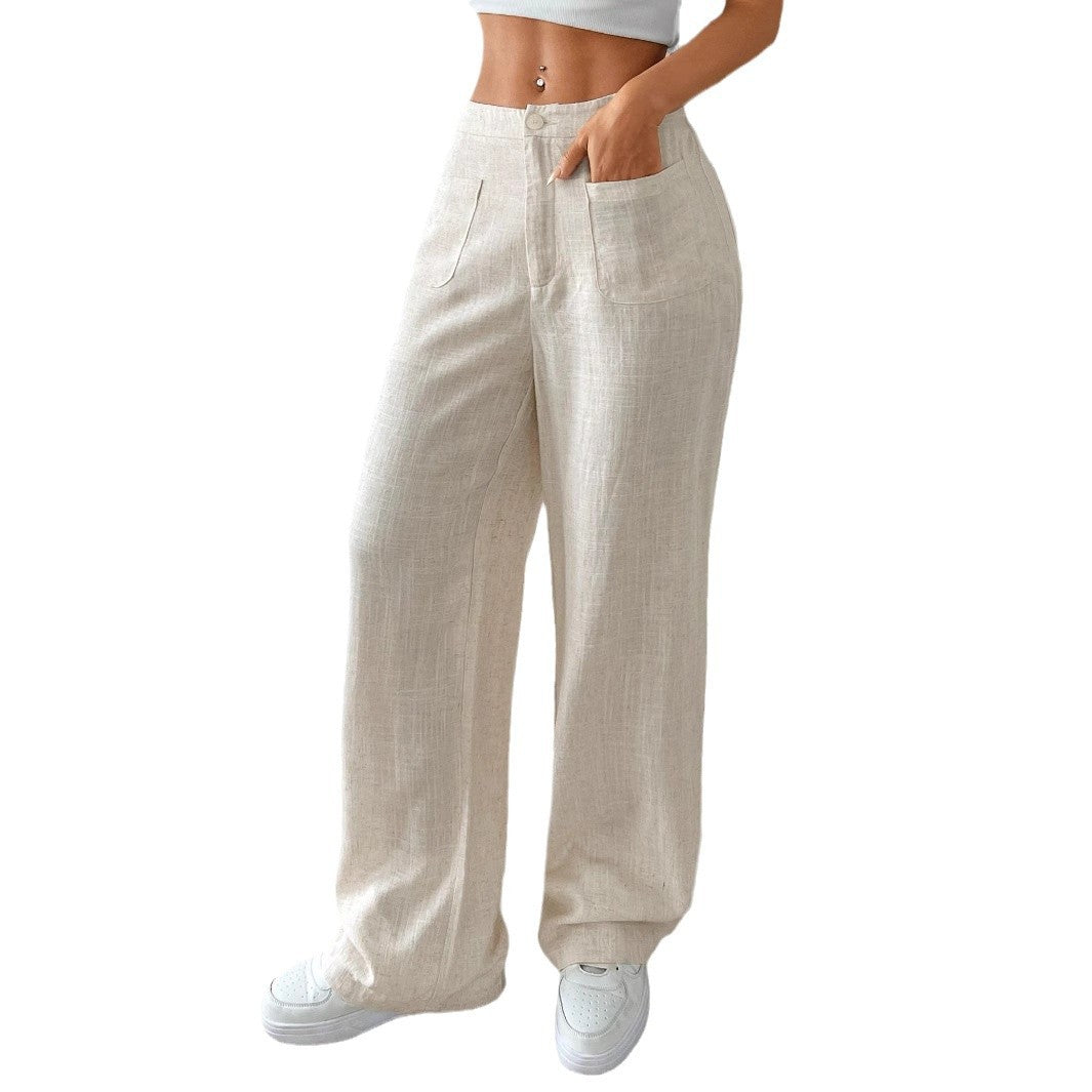 Women's cotton and linen solid-color versatile women's casual trousers with elastic straps and mid-waist casual women's trousers
