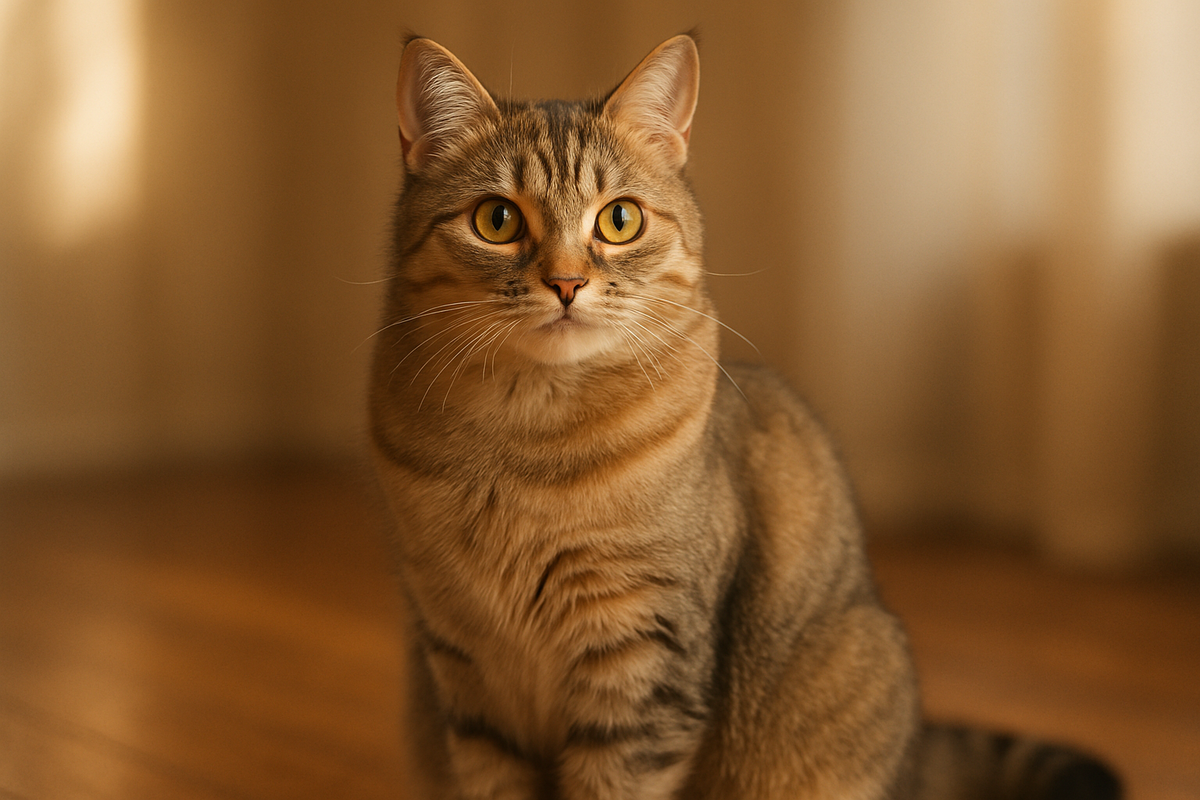 A beautiful brown and striped tabby cat with striking amber eyes sits looking directly forward in a warm, softly lit room.