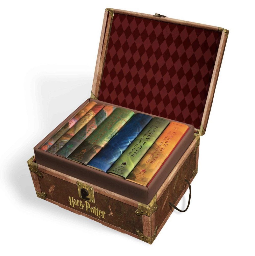 Open brown trunk holding the complete seven-book Harry Potter series; the lid is lined with dark red diamond fabric.