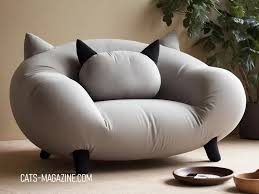 A light gray, oversized cat-themed sofa featuring integrated pointed ears and a round back cushion with black ears.